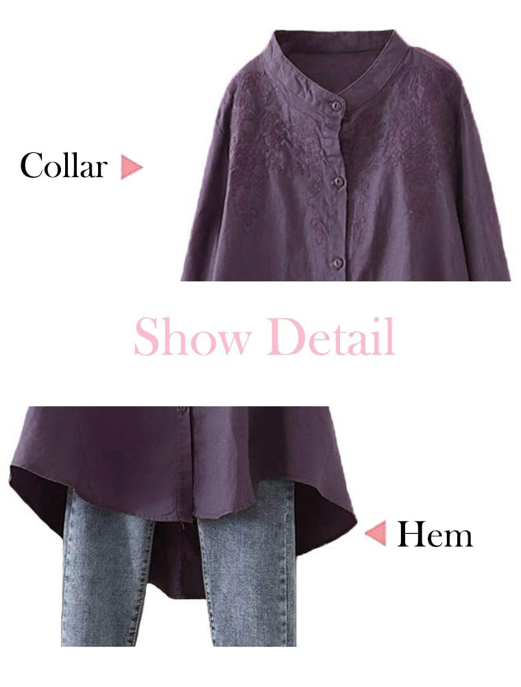 Minibee Women's Cotton Linen Shirt High Low Button Down Embroidered Blouse Long Sleeve Tunic Tops Purple M - Image 2
